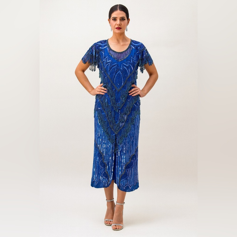 Laurence Kazar Vintage Blue Silk‎ Sequin and Beaded Cocktail Dress Sz. XS